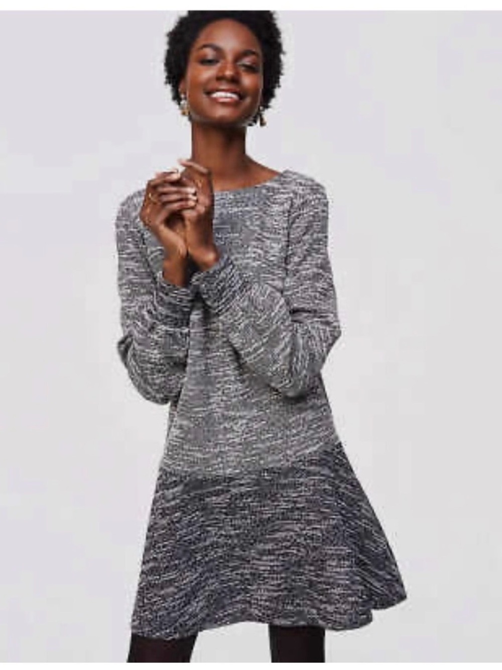 LOFT Fit Flare Sweater Dress Tweed Balloon Sleeve Knit Women Medium New